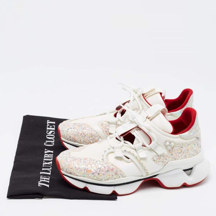 Pre Owned Christian Louboutin White/Pink Leather and Coarse Glitter Red Runner Donna Sneakers Size 36.5