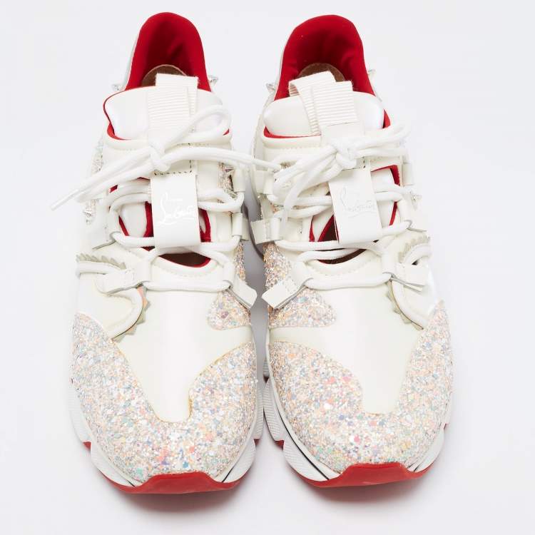 Pre Owned Christian Louboutin White/Pink Leather and Coarse Glitter Red Runner Donna Sneakers Size 36.5