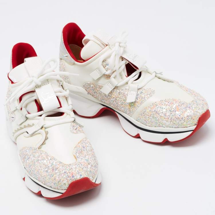 Pre Owned Christian Louboutin White/Pink Leather and Coarse Glitter Red Runner Donna Sneakers Size 36.5
