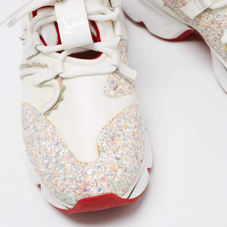 Pre Owned Christian Louboutin White/Pink Leather and Coarse Glitter Red Runner Donna Sneakers Size 36.5
