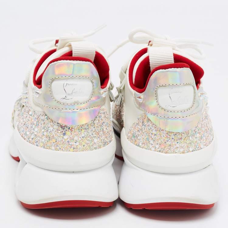 Pre Owned Christian Louboutin White/Pink Leather and Coarse Glitter Red Runner Donna Sneakers Size 36.5