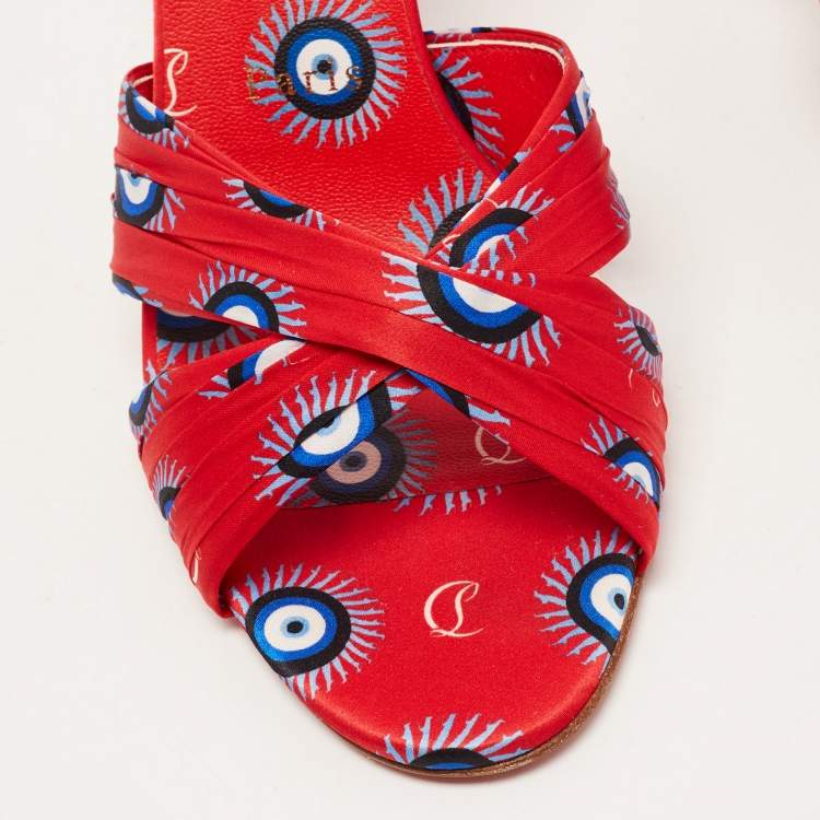 Pre Owned Christian Louboutin Red Printed Satin Criss Cross Slide Sandals Size 38