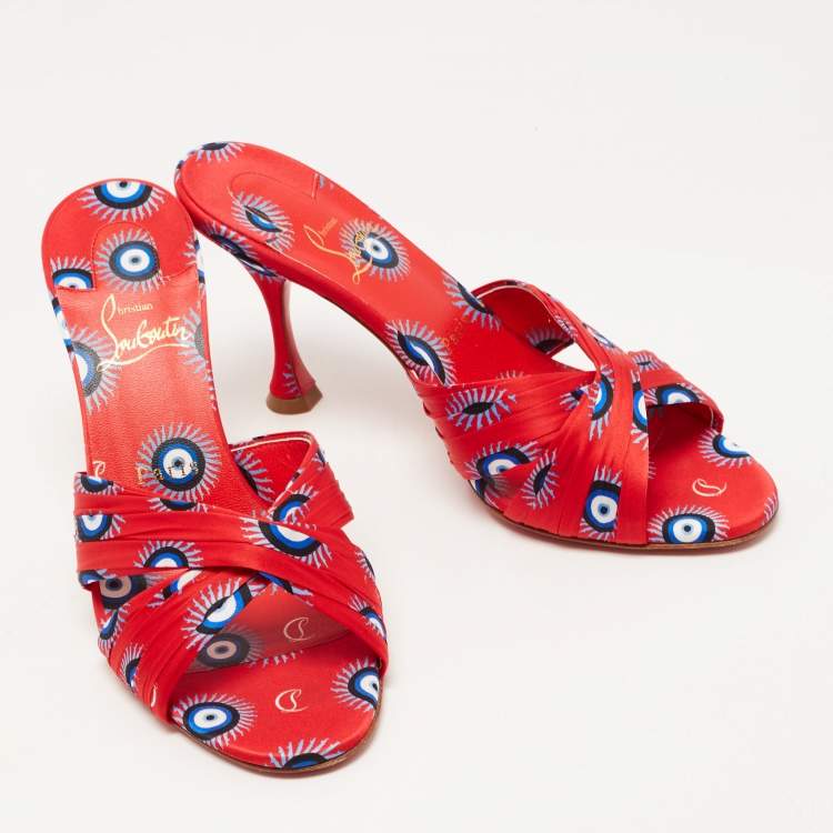 Pre Owned Christian Louboutin Red Printed Satin Criss Cross Slide Sandals Size 38