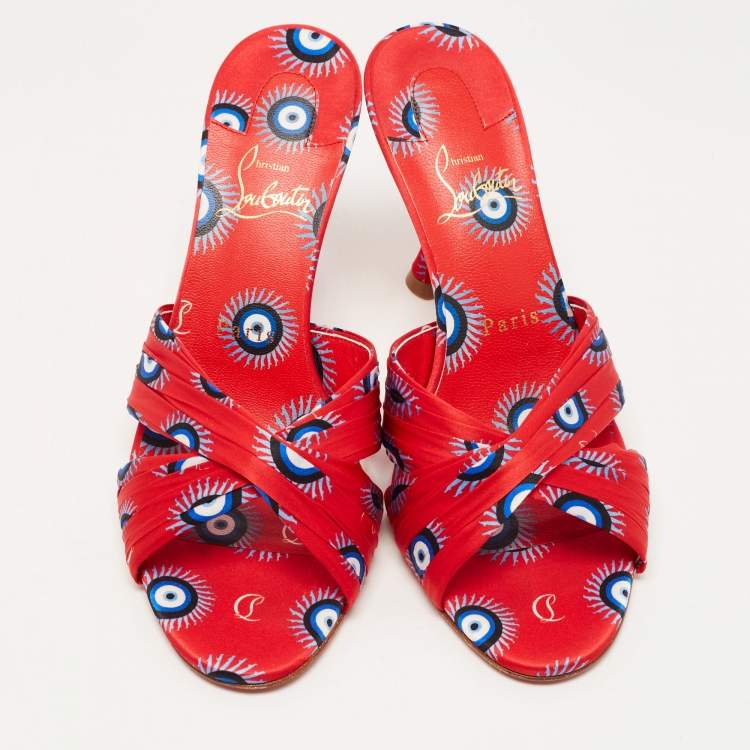 Pre Owned Christian Louboutin Red Printed Satin Criss Cross Slide Sandals Size 38