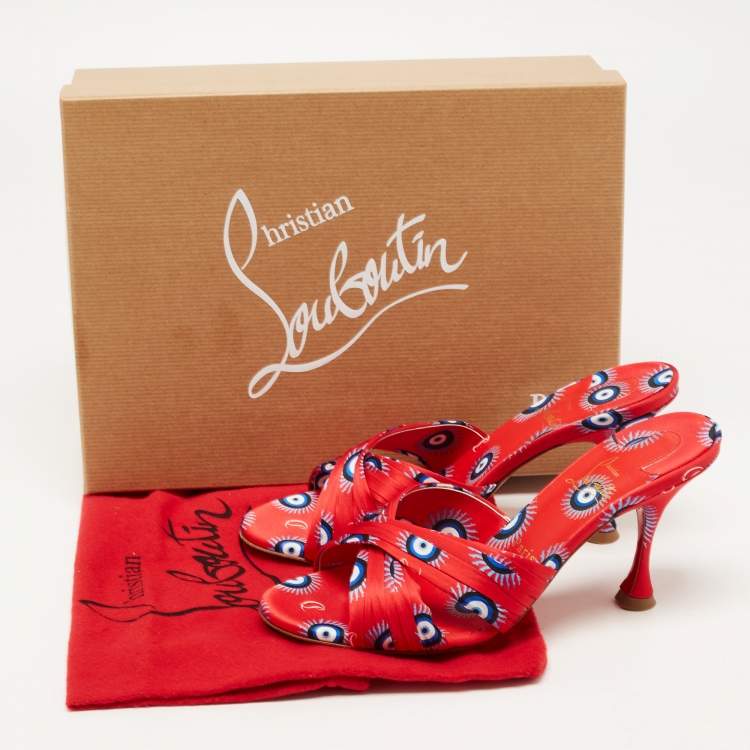 Pre Owned Christian Louboutin Red Printed Satin Criss Cross Slide Sandals Size 38