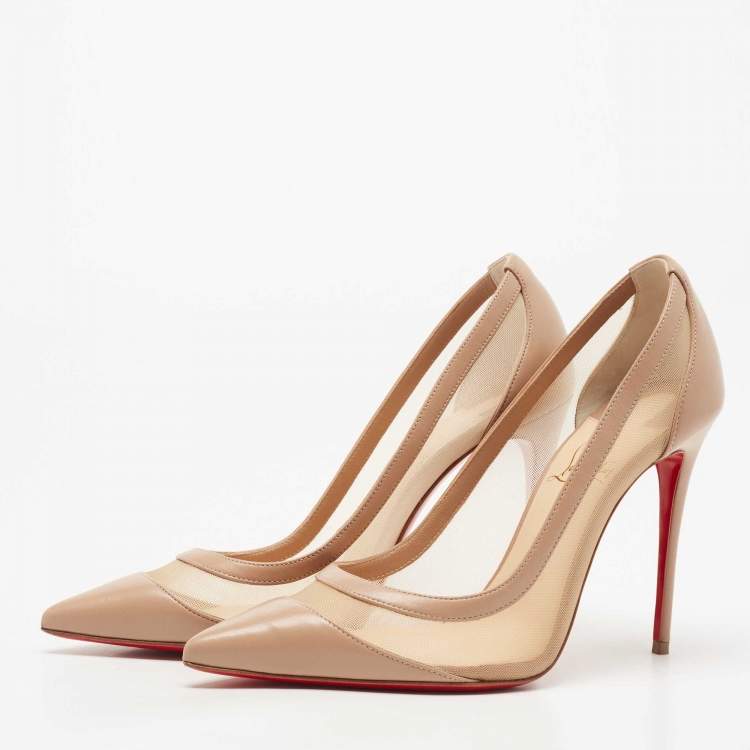 Pre Owned Christian Louboutin Beige Leather and Mesh Galativi Pointed Toe Pumps Size 37
