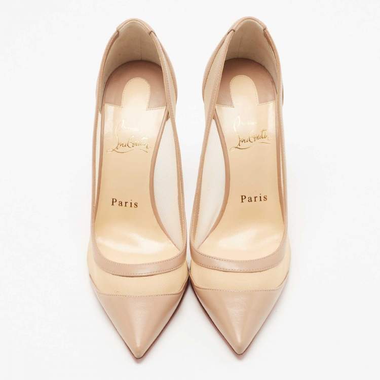Pre Owned Christian Louboutin Beige Leather and Mesh Galativi Pointed Toe Pumps Size 37