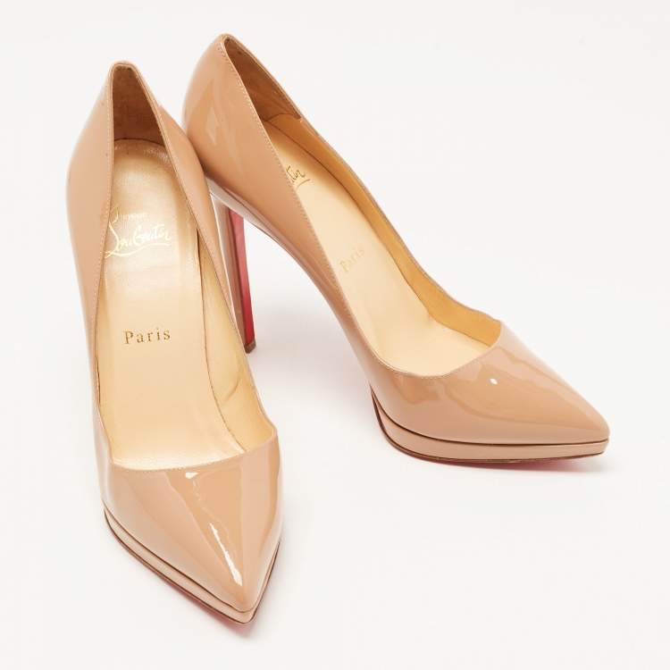 Pre Owned Christian Louboutin Beige Patent Leather Pigalle Plato Pointed Toe Pumps Size 38