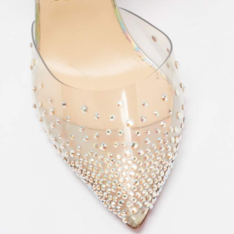 Pre Owned Christian Louboutin Iridescent Patent Leather and PVC Spikaqueen Akle Strap Pumps Size 37.5