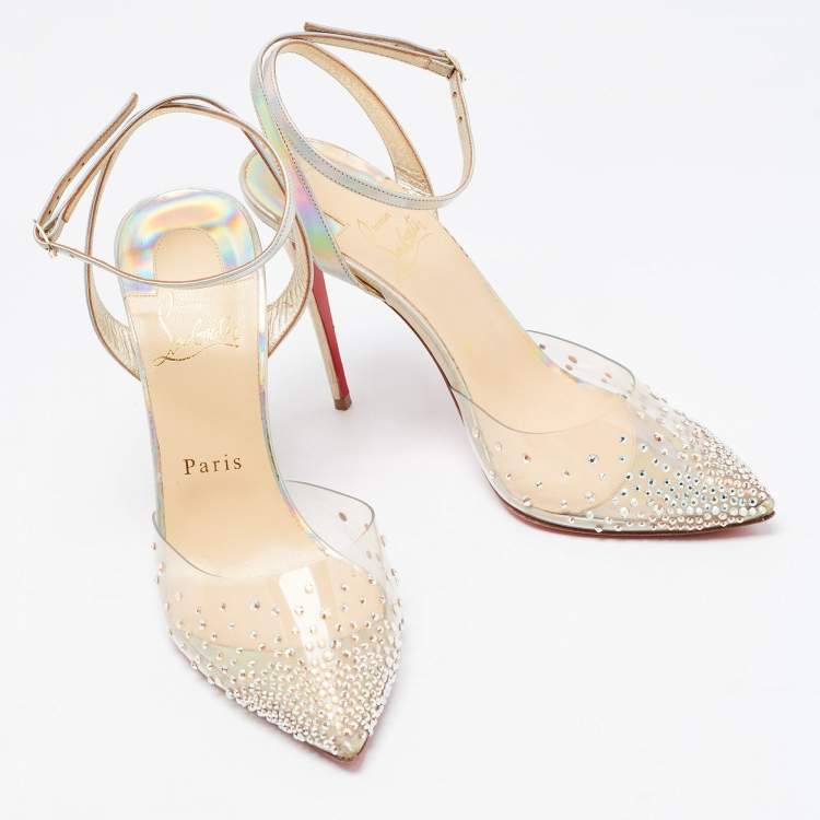 Pre Owned Christian Louboutin Iridescent Patent Leather and PVC Spikaqueen Akle Strap Pumps Size 37.5