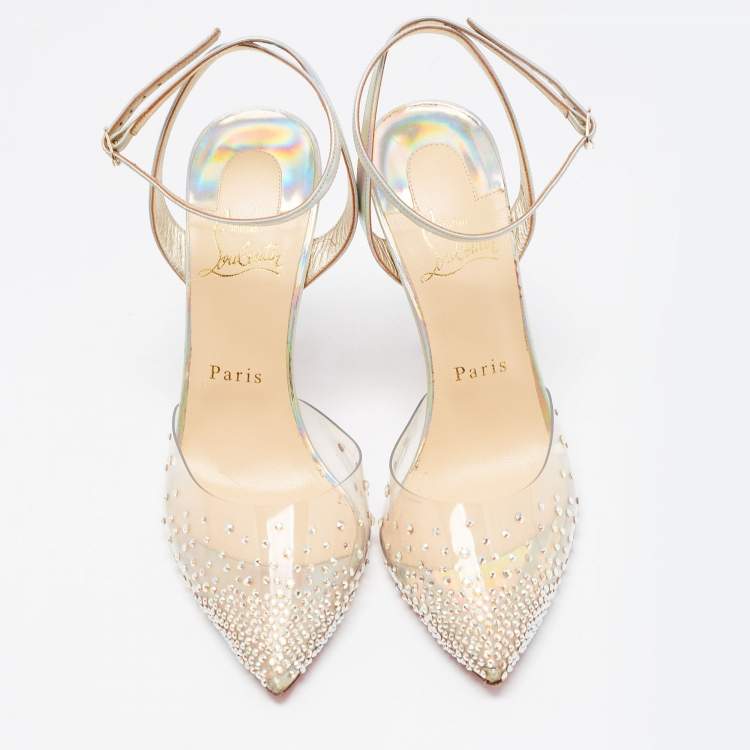 Pre Owned Christian Louboutin Iridescent Patent Leather and PVC Spikaqueen Akle Strap Pumps Size 37.5