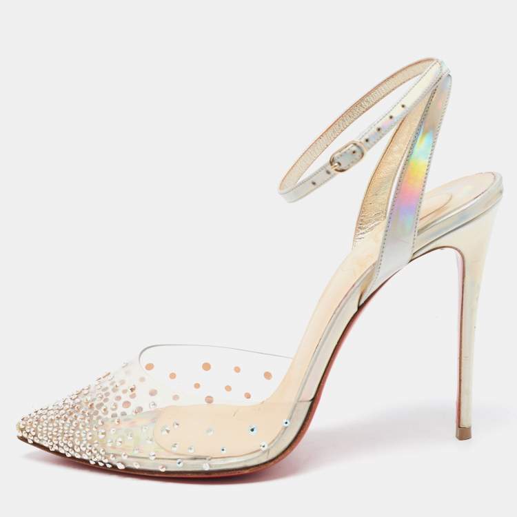Pre Owned Christian Louboutin Iridescent Patent Leather and PVC Spikaqueen Akle Strap Pumps Size 37.5