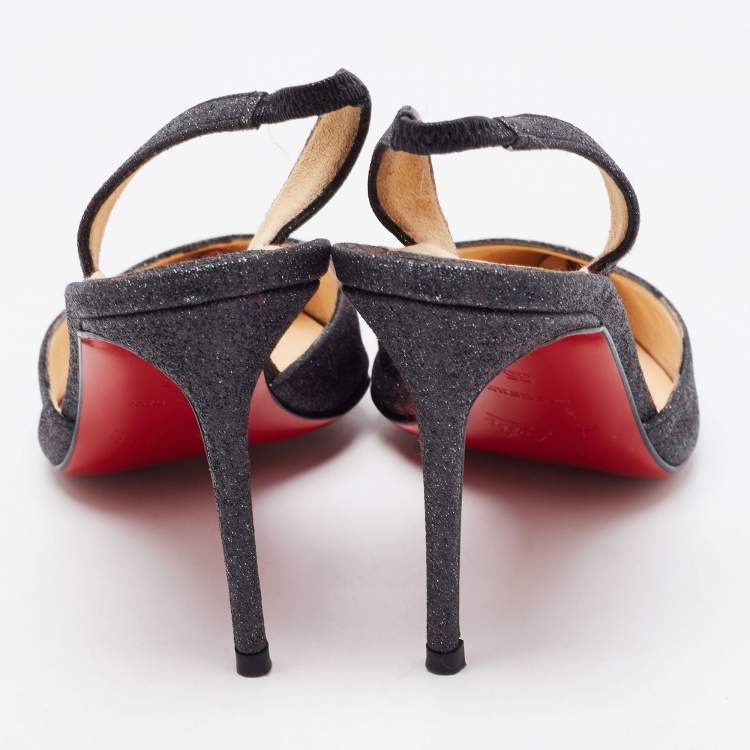 Pre Owned Christian Louboutin Black Glitter Leather Ever Slingback Pumps Size 35