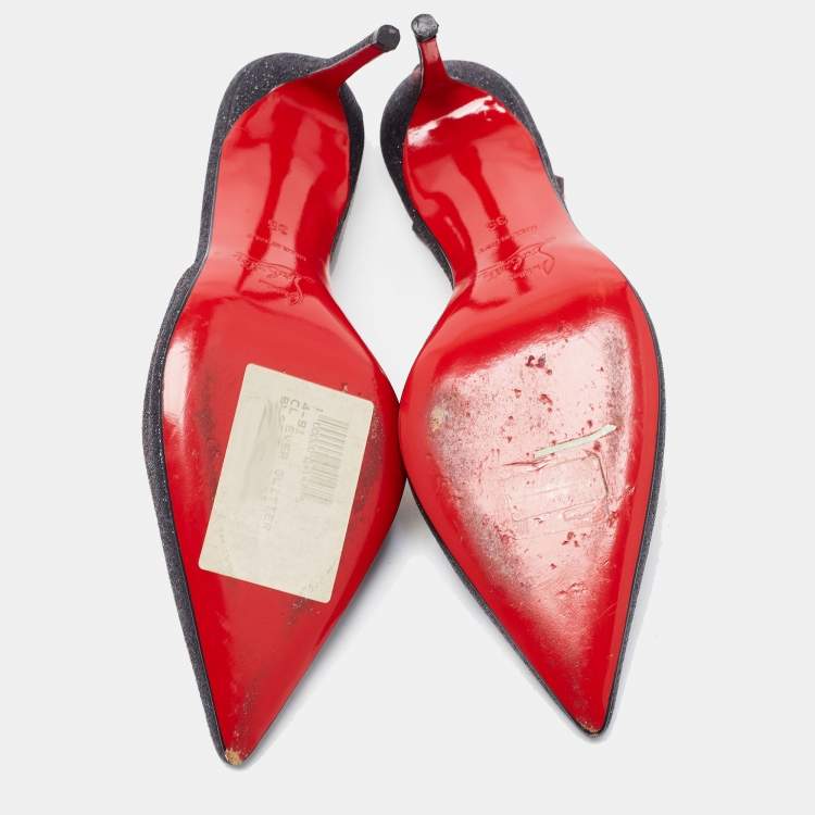 Pre Owned Christian Louboutin Black Glitter Leather Ever Slingback Pumps Size 35