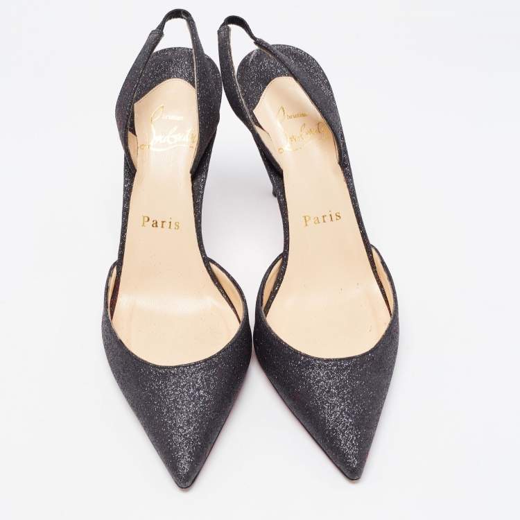 Pre Owned Christian Louboutin Black Glitter Leather Ever Slingback Pumps Size 35