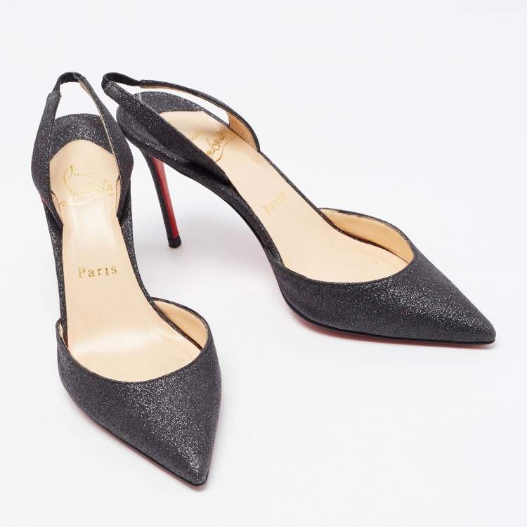 Pre Owned Christian Louboutin Black Glitter Leather Ever Slingback Pumps Size 35