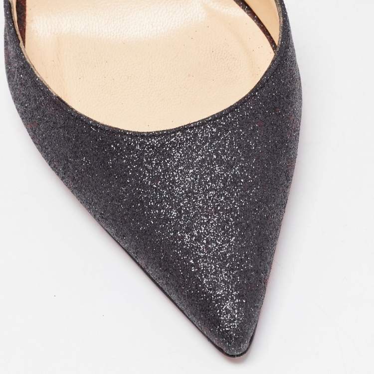 Pre Owned Christian Louboutin Black Glitter Leather Ever Slingback Pumps Size 35