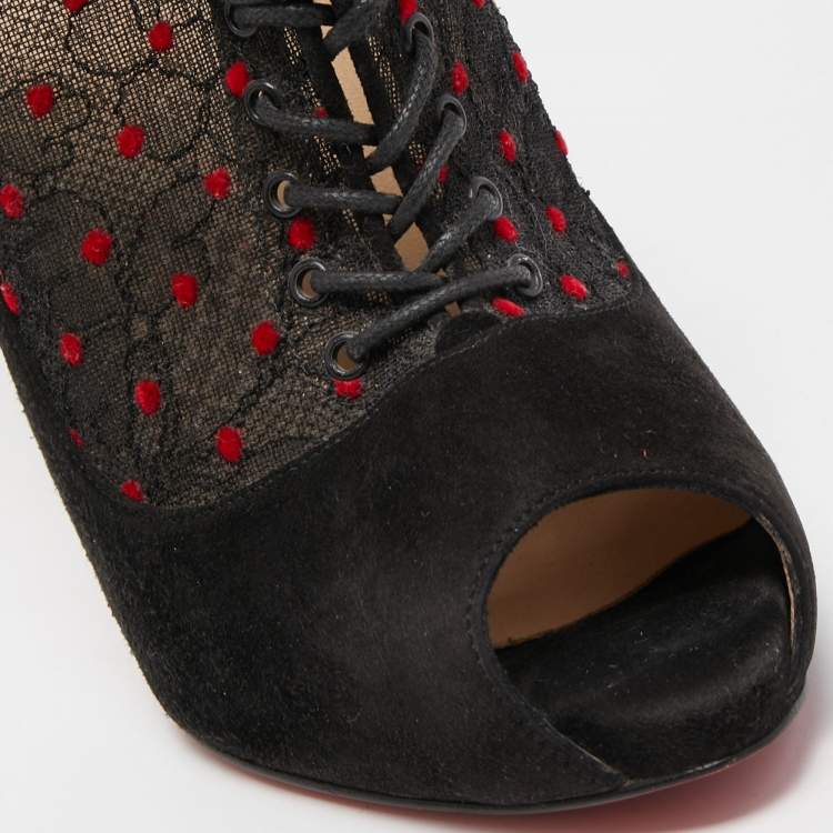Pre Owned Christian Louboutin Black Suede and Mesh Peep Toe Platform Ankle Booties Size 38.5