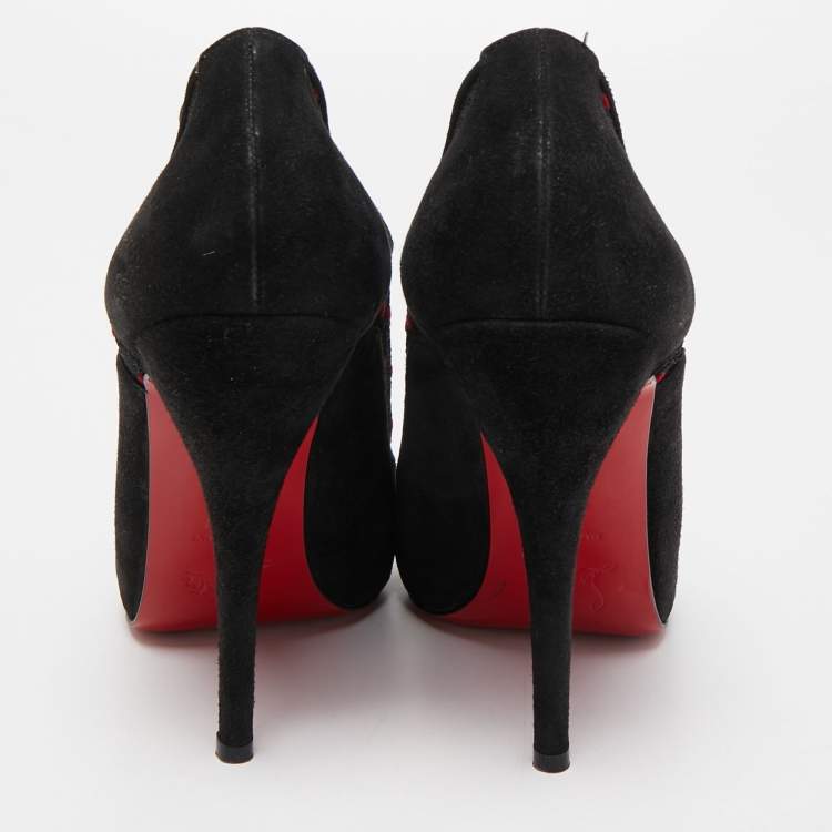 Pre Owned Christian Louboutin Black Suede and Mesh Peep Toe Platform Ankle Booties Size 38.5