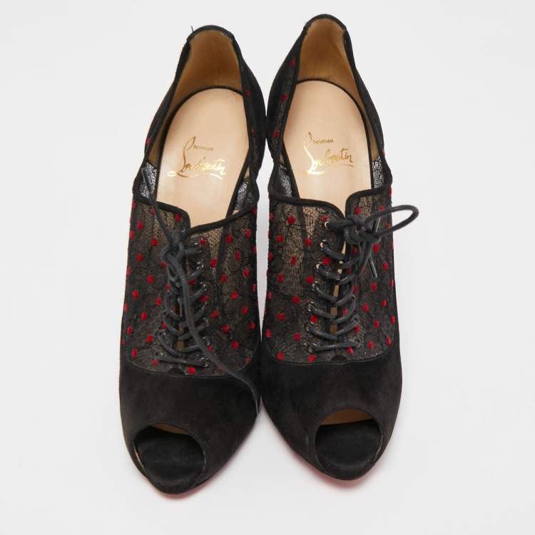 Pre Owned Christian Louboutin Black Suede and Mesh Peep Toe Platform Ankle Booties Size 38.5