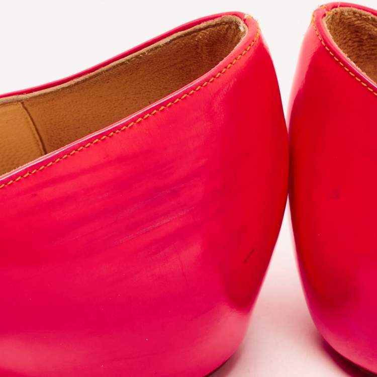 Pre Owned Christian Louboutin Neon Pink Leather Croisette Flats Size 38.5