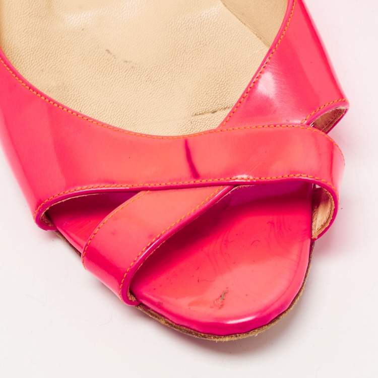 Pre Owned Christian Louboutin Neon Pink Leather Croisette Flats Size 38.5