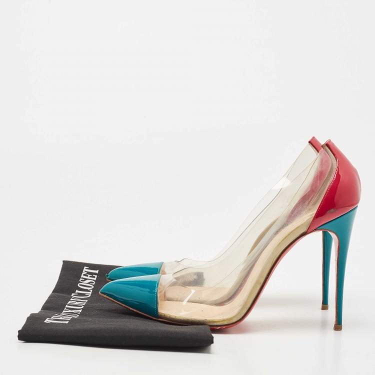 Pre Owned Christian Louboutin Pink/Green Patent Leather and PVC Debout Pointed Toe Pumps Size 38.5