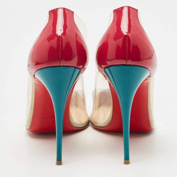 Pre Owned Christian Louboutin Pink/Green Patent Leather and PVC Debout Pointed Toe Pumps Size 38.5