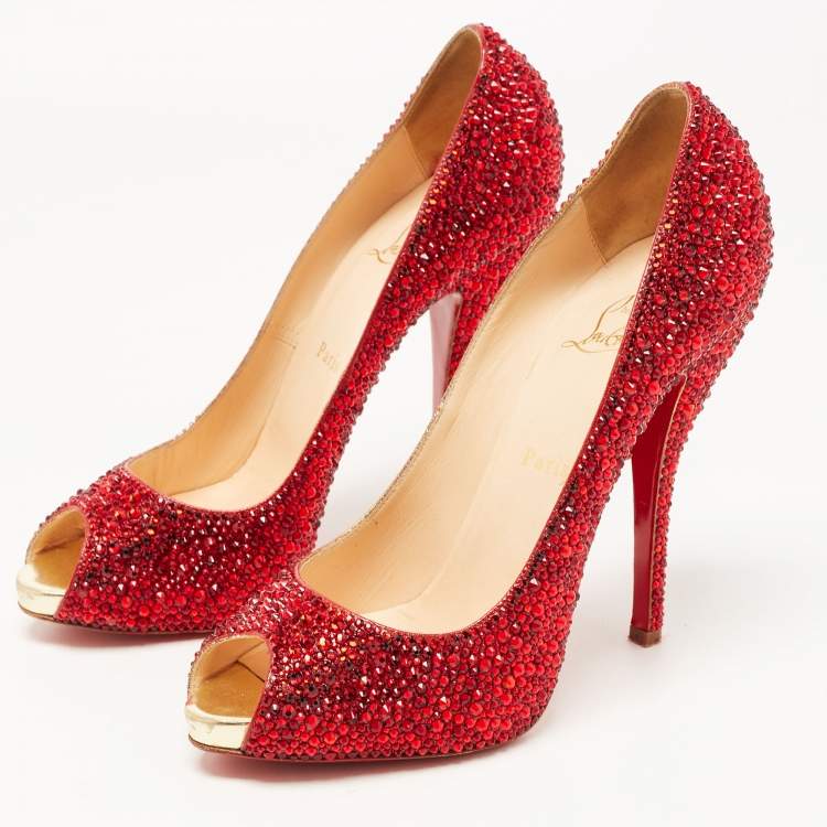 Christian Louboutin Red Crystal Embellished Leather Lady Claude Peep Toe Pumps Size 39.5