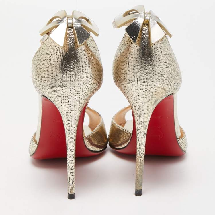 Pre Owned Christian Louboutin Gold Textured Leather Aribak Bow Sandals Size 38