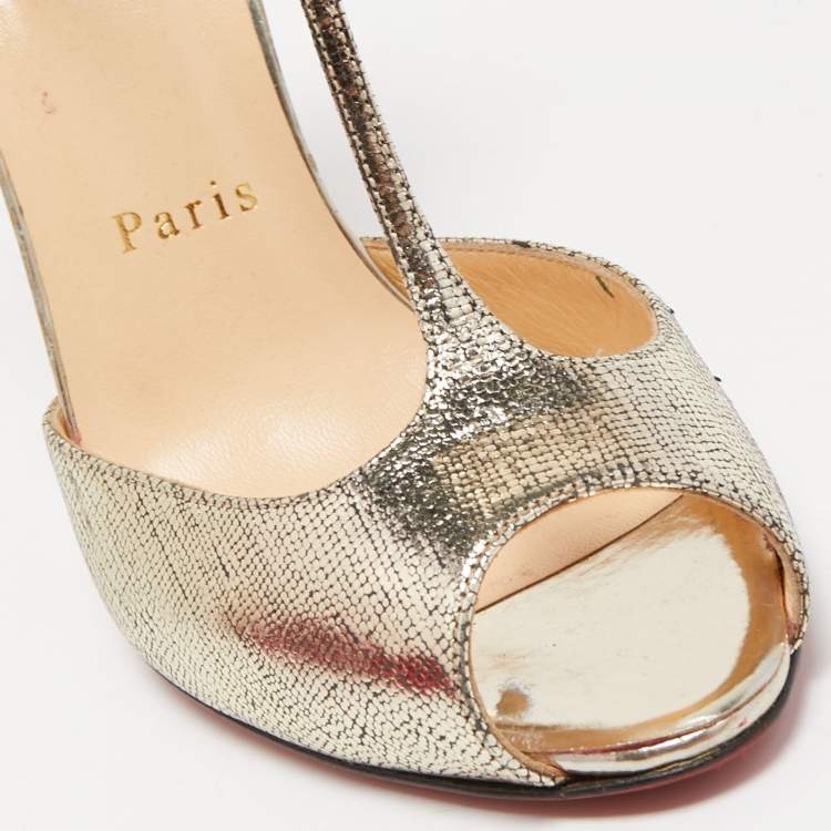 Pre Owned Christian Louboutin Gold Textured Leather Aribak Bow Sandals Size 38