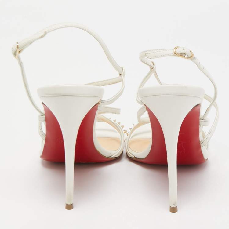 Pre Owned Christian Louboutin White Leather Spike Ankle Strap Sandals Size 36.5