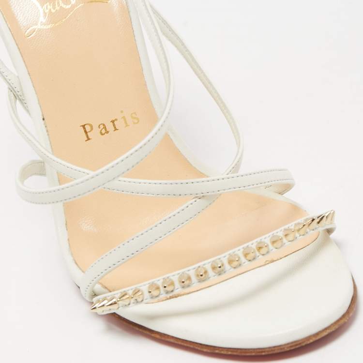 Pre Owned Christian Louboutin White Leather Spike Ankle Strap Sandals Size 36.5