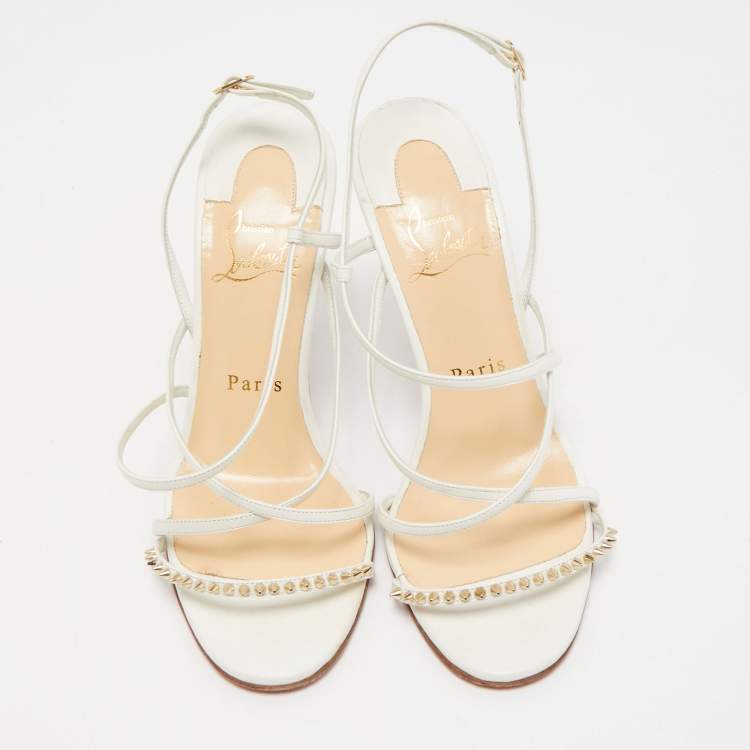 Pre Owned Christian Louboutin White Leather Spike Ankle Strap Sandals Size 36.5