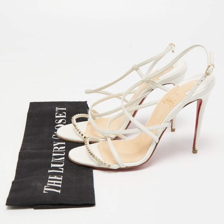 Pre Owned Christian Louboutin White Leather Spike Ankle Strap Sandals Size 36.5