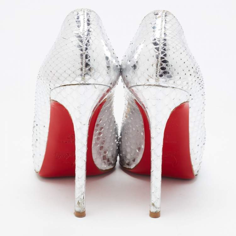 Pre Owned Christian Louboutin Silver Python Flo Peep Toe Pumps Size 37