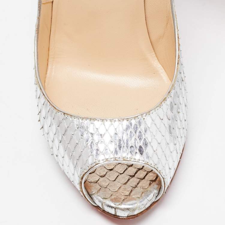Pre Owned Christian Louboutin Silver Python Flo Peep Toe Pumps Size 37