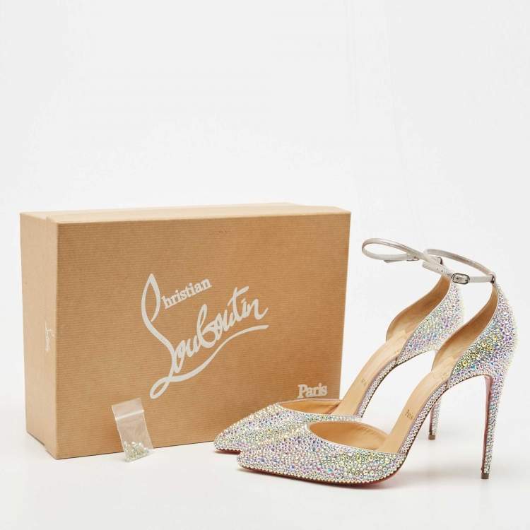 Pre Owned Christian Louboutin Silver Leather Crystals Embellished Uptown Pumps Size 40