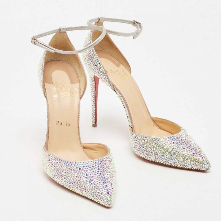 Pre Owned Christian Louboutin Silver Leather Crystals Embellished Uptown Pumps Size 40