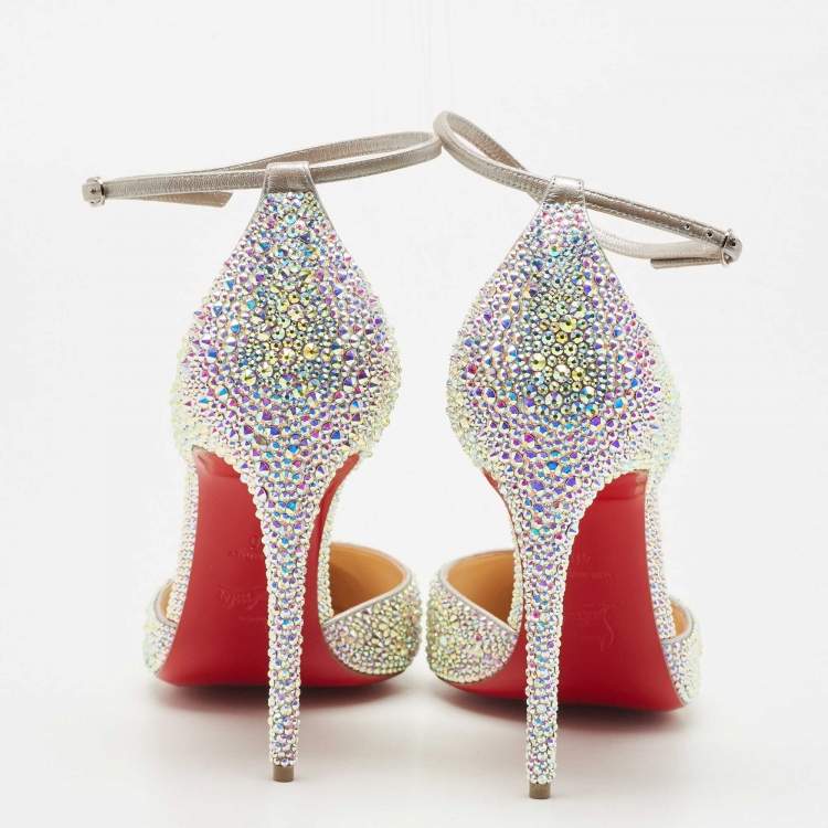 Pre Owned Christian Louboutin Silver Leather Crystals Embellished Uptown Pumps Size 40