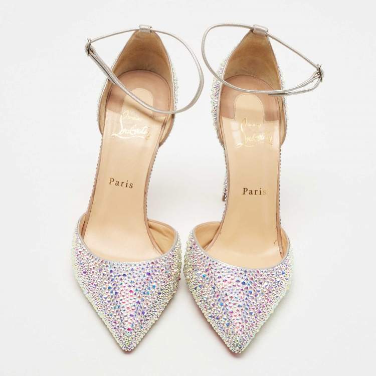 Pre Owned Christian Louboutin Silver Leather Crystals Embellished Uptown Pumps Size 40