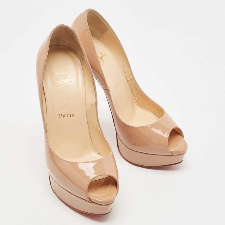 Pre Owned Christian Louboutin Beige Patent Leather Lady Peep Pumps Size 38.5