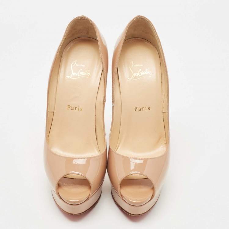 Pre Owned Christian Louboutin Beige Patent Leather Lady Peep Pumps Size 38.5