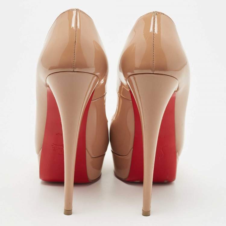 Pre Owned Christian Louboutin Beige Patent Leather Lady Peep Pumps Size 38.5