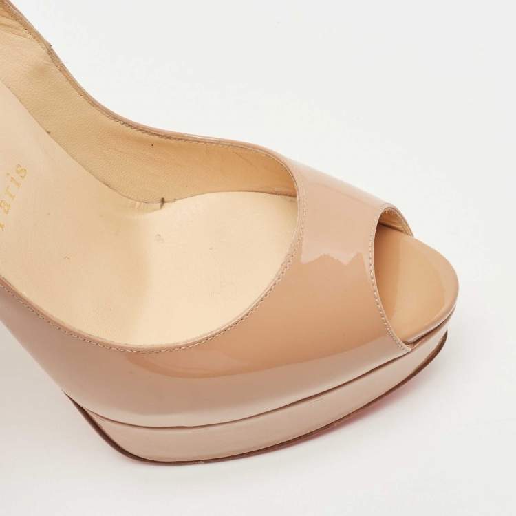 Pre Owned Christian Louboutin Beige Patent Leather Lady Peep Pumps Size 38.5
