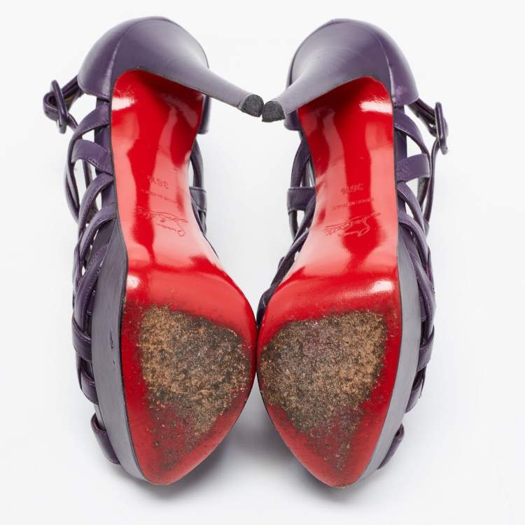 Pre Owned Christian Louboutin Purple Leather Nicole Caged Ankle Strap Sandals Size 36.5