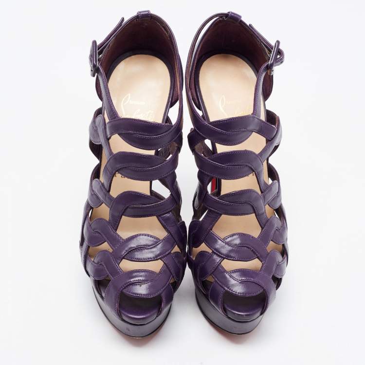 Pre Owned Christian Louboutin Purple Leather Nicole Caged Ankle Strap Sandals Size 36.5