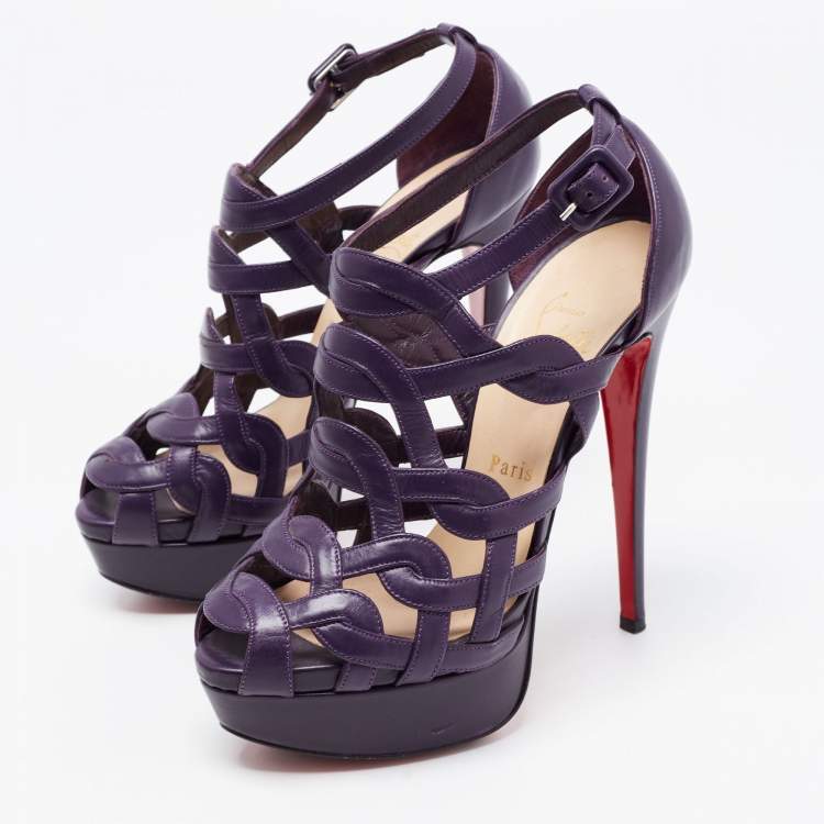 Pre Owned Christian Louboutin Purple Leather Nicole Caged Ankle Strap Sandals Size 36.5
