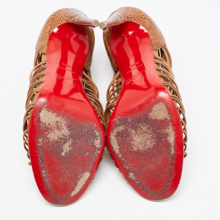 Pre Owned Christian Louboutin Brown Croc Embossed Leather Caged Karina Ankle Boots Size 36.5