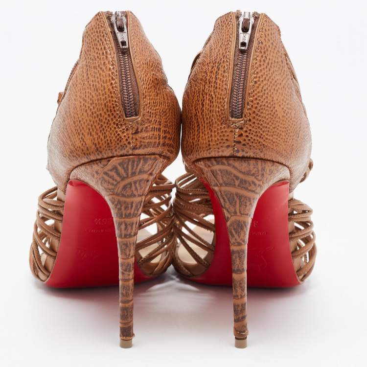 Pre Owned Christian Louboutin Brown Croc Embossed Leather Caged Karina Ankle Boots Size 36.5